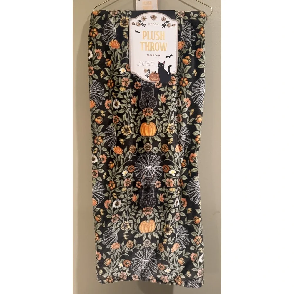 Envogue Halloween FLORAL BLACK CAT & PUMPKIN Plush Throw Blanket 60